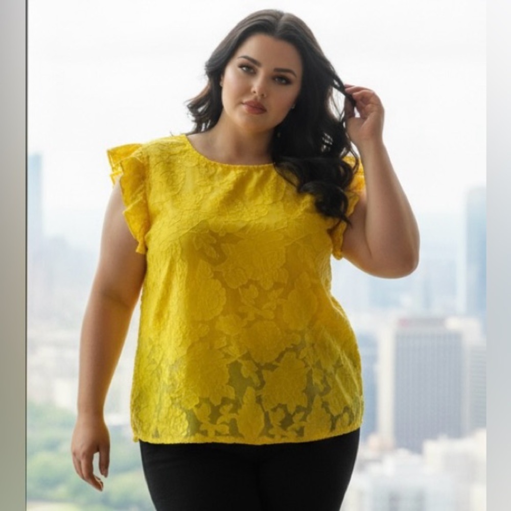 NWT Who What Wear SZ 3X “Celery” ruffle sleeved top/3D floral appliqué/bust 54”